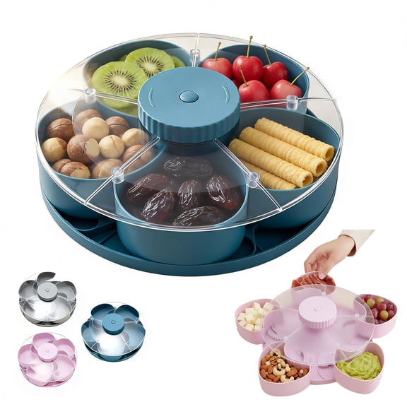 Divided Rotating Snack Serving Tray with Lids Spinning Compartment Platter for Dips Veggies Fruits Space-Saving Kitchen Organizer for Parties Picnics Travel