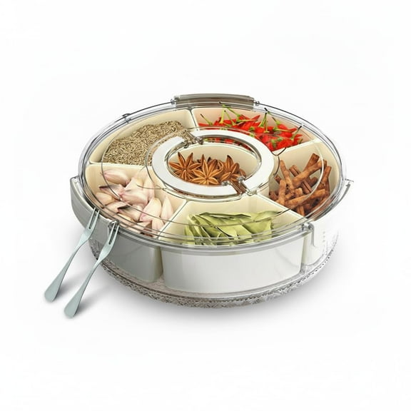Divided Rotating Snackle Box Container with Lid - 10” Lazy Susan Snack Spinner & Veggie Tray for Fridge, Parties, Fruit, Candy & Food Storage - BPA Free, Off-White/Clear