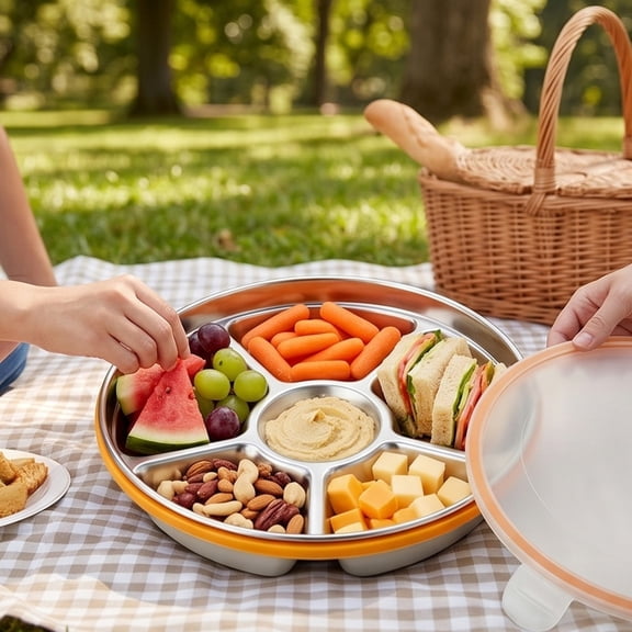 Divided Serving Platter 6 Compartment Sectional Snack Tray with Airtight Lid Non-Slip Silicone Rim Stainless Steel Fruit Veggie Condiment Plate For Picnic Party Catering Lunch Storage