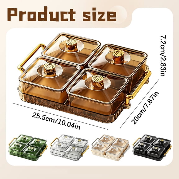 Divided Serving Platter With Lid, Snack Tray With 4 Removable Bowls for Cookies Chips & Dip, Gold