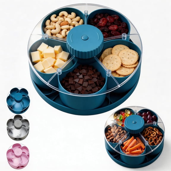 Divided Serving Tray & Lazy Food Snack Spinner – Spinning Snack Container with Lid & 5 Compartments Perfect Fruit Tray for Party Appetizers, Veggies & Dipsy (Grey)