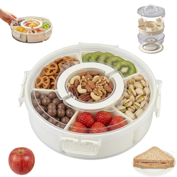 Divided Serving Tray with Lid & Handle, 6 Compartments Clear Lazy Susan Snack Box, Round Portable Snack Tray Veggie Tray with Lid, for Fruit, Veggie, Candy, Nuts