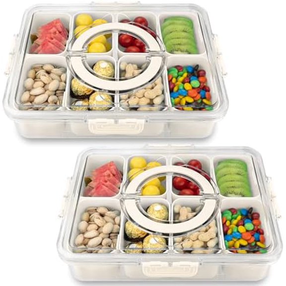 Divided Serving Tray with Lid and Handle,8 Compartments Snacks Box,Snack Fruit Tray,Veggie Tray,Portable Platter for Candy Fruits Nuts Snack Party Entertaining Picnic(2 PCS)