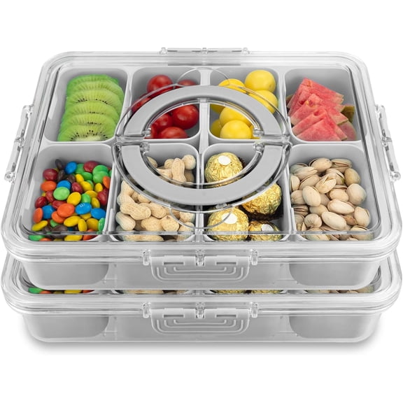 Divided Serving Tray with Lid and Handle,8 Compartments Snacks Box,Snack Fruit and Veggie Tray,Portable Platter for Candy Fruits Nuts Snack Party Entertaining Picnic (2 PCS Grey)