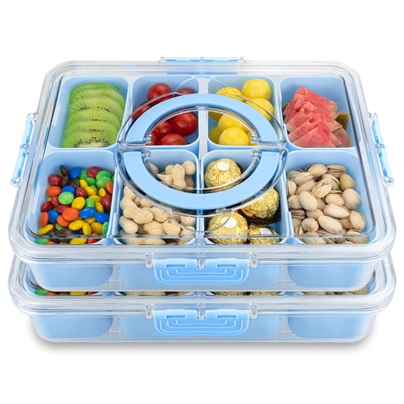 Divided Serving Tray With Lid And Handle 8partments Snacks Box Snack Fruit Veggie Portable Platter For Candy Fruits Nuts Party Entertaining Picnic (2blue)