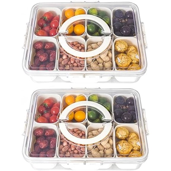 Divided Serving Tray with Lid and Handle - Divided Snack Tray for Portable Snack Platters - Clear Organizer for Candy, Fruits, Nuts, Snacks - Perfect for Party, Entertaining,2 pcs