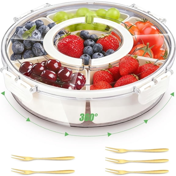 Divided Serving Tray with Lid and Handle, Large Capacity Snack Box Container for Fruit Veggie Charcuterie, Portable Spinning Veggie Tray for Kitchen Picnic Travel Party, Come with 5 Pcs Gold Fork