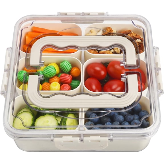 Divided Serving Tray with Lid and Handle, Portable Snack Box Container, 6 Compartments Veggie Fruit Snackle Tray,Charcuterie Box Container for Party, Travel, Entertaining,Picnic, MEDIUM SIZE
