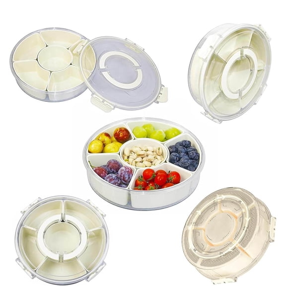 Divided Serving Tray with Lid and Handle, Rotating Snack Box Container, Stackable Storage Box for Fruit Candy Veggie Spice, Portable Organizer for Kitchen Party Travel Picnic