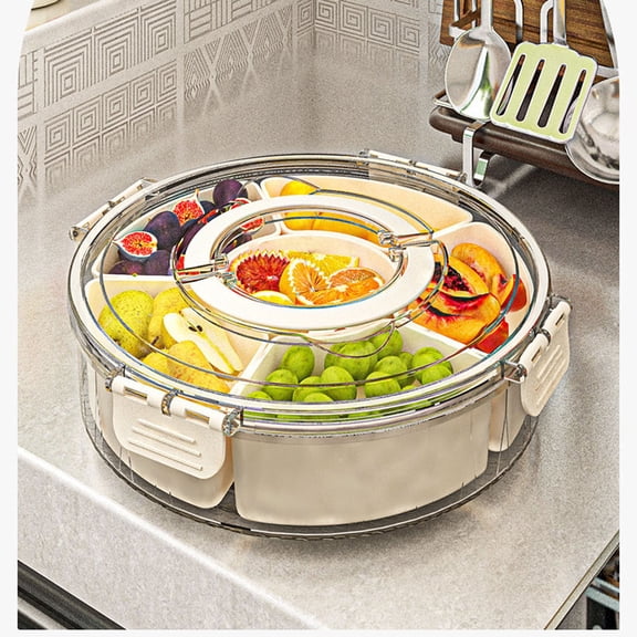 Divided Serving Tray with Lid and Handle,Round Snack Spinner,6 Compartments Portable Divided Snackle Box Container for Kitchen, Party, Trave and Picnic