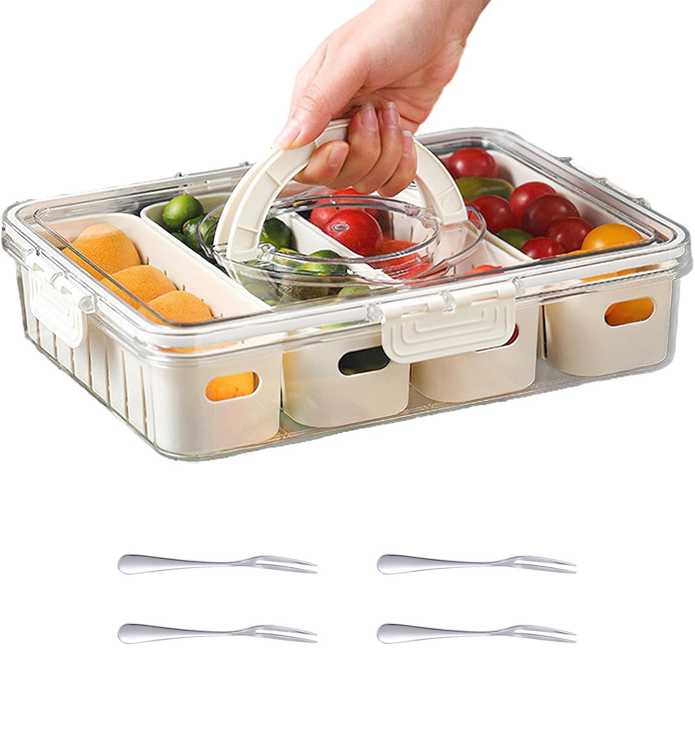 Divided Serving Tray with Lid and Handle,4 Compartments Snacks Box,Snack Fruit Tray,Veggie Tray