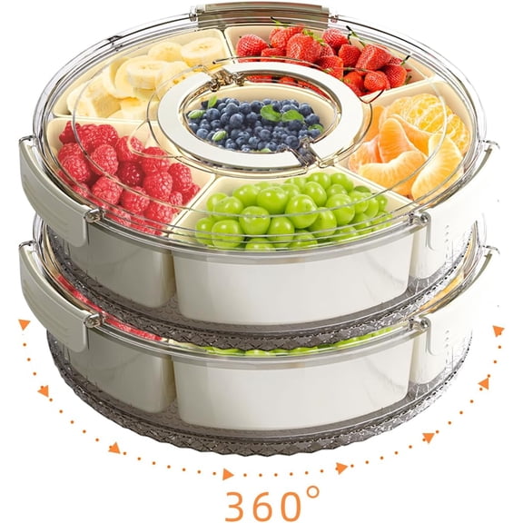 Divided Serving Tray with Lid and Handle, Stackable Snackle Box Container for Fruits Candy Organizer, Portable Spinning Rounded Veggie Tray for Kitchen, Party, Trave and Picnic-2 PACK