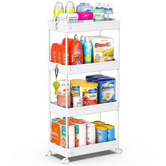 Slim Rolling Storage Cart 4 Tier Bathroom Organizer Mobile Shelving Unit Utility Cart Tower Rack for Kitchen Laundry Narrow Places, White