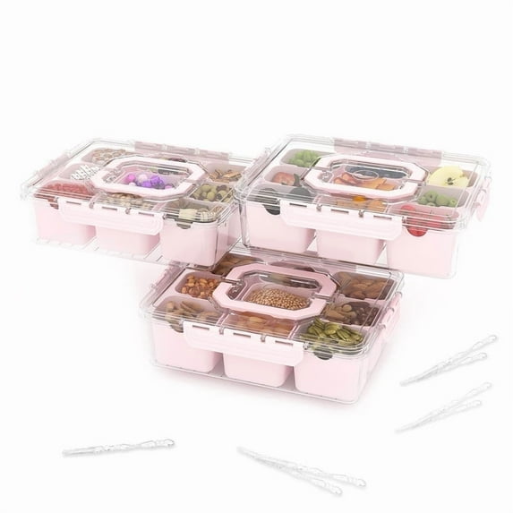 Divided Serving Tray with Lid and Handles 9 Compartments Snack Box Container Charcuterie Organizer Snackle Box Container for Candy,Nuts,Fruits,Snacks,3 Pack,Pink