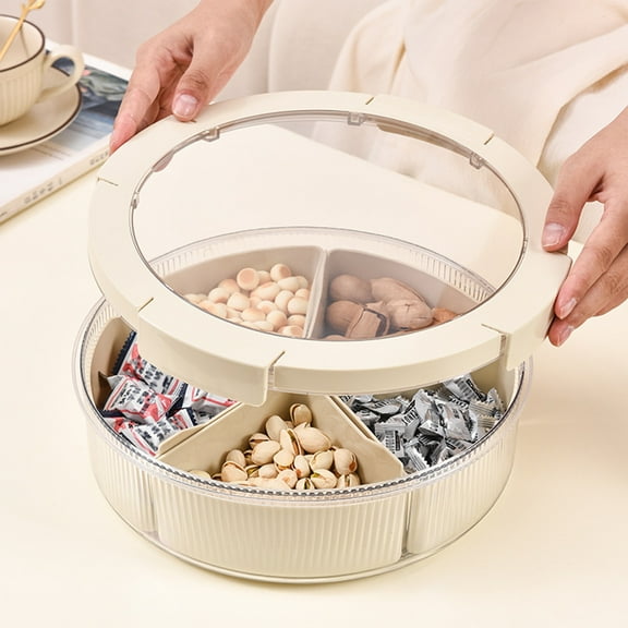Divided Serving Tray with Lid, Stackable Snackle Box Container for Fruits Candy Organizer, Portable Spinning Rounded Veggie Tray for Kitchen, Party, Trave and Picnic