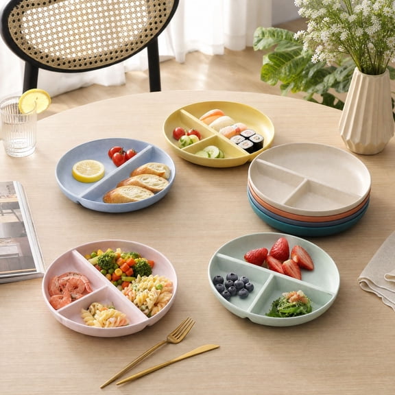 Divided Serving Tray Set Round Three Compartment Plate Portion Control for Weight Management Balanced Meals Home Kitchen Dining Party Set Gift