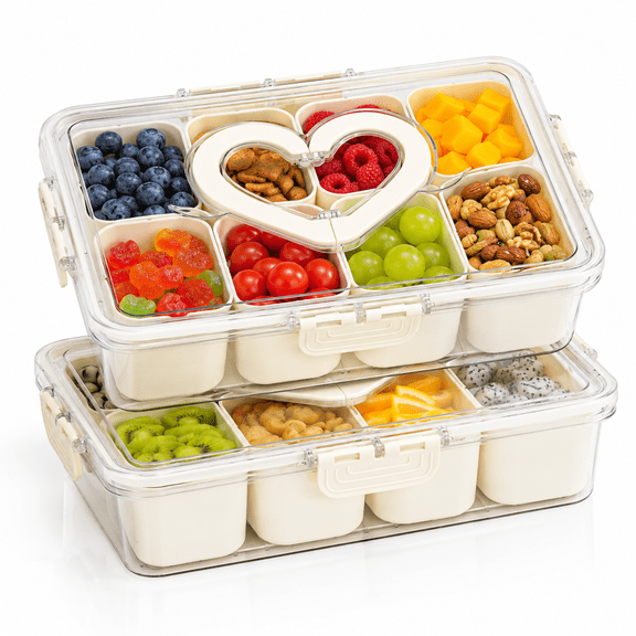 Divided Serving Tray,Snackle Box Containers with Lid and Handle, Portable 8-Compartments Snack Organizers for Party Holidays,Entertaining,Heart-Shaped,Clear,2PCS