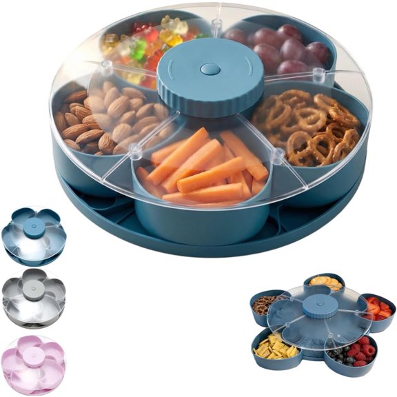 Divided Serving Tray That Spins-Perfect for Snacks, Dips & Party Appetizers, Large Snack Spinner, Rotating Lazy Susan Charcuterie Board, Portable Travel Snackle Box with Rotating Cover