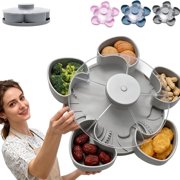 Divided Serving Tray That Spins – Perfect for Snacks, Dips & Party Appetizers,Portable Rounded Veggie Tray with Rotating Cover,Lazy Susan Snack Organizer for Kitchen,Travel and Picnic (Black)