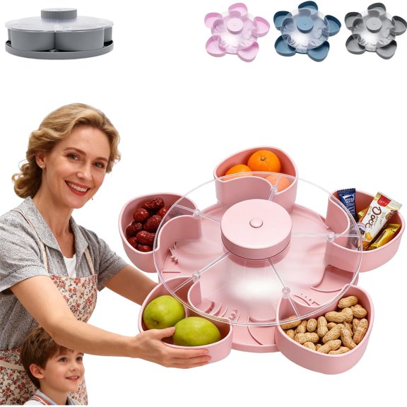 Divided Serving Tray That Spins – Perfect for Snacks, Dips & Party Appetizers,Portable Rounded Veggie Tray with Rotating Cover,Lazy Susan Snack Organizer for Kitchen,Travel and Picnic (Black)
