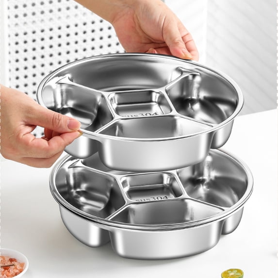 Divided Serving Tray Stainless Steel 5-Compartment Round Platter Food Prep Snack Condiment Kitchen Dinners