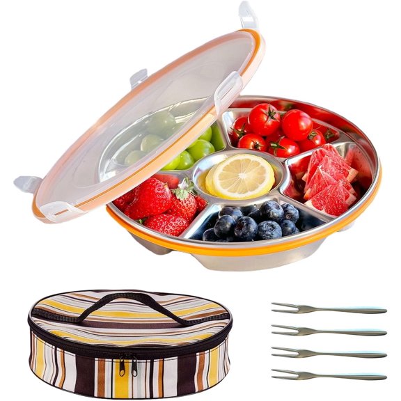 Divided Serving Tray, Stainless Steel Veggie Tray with Lid, 4 Forks