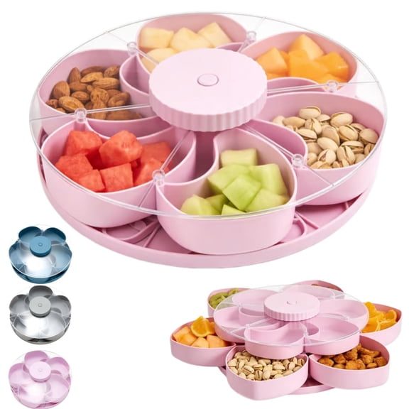 Divided Serving Tray That Spins with Lid Snack Spinner Snackle Box Container Food Platter for Charcuterie Veggie Fruit Pink