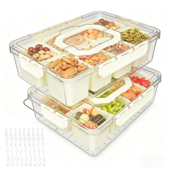 Divided Serving Tray with Lid & Handles, 8-Compartment Snack Box, Charcuterie Organizer for Candy, Nuts, Fruits, Snacks, Beige, 2 Pack