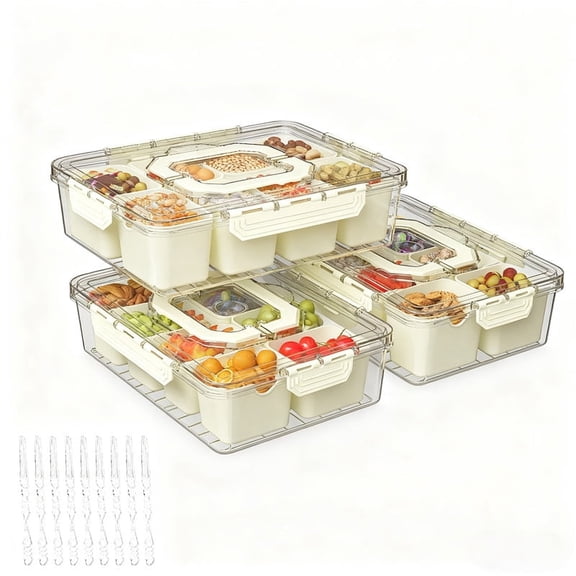 Divided Serving Tray with Lid & Handles, 8-Compartment Snack Box, Charcuterie Organizer for Candy, Nuts, Fruits, Snacks, Beige, 3 Pack