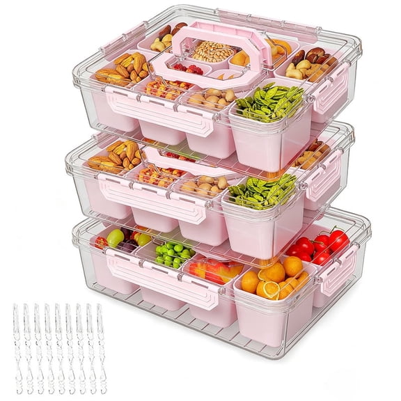 Divided Serving Tray with Lid & Handles, 8-Compartment Snack Box, Charcuterie Organizer for Candy, Nuts, Fruits, Snacks, Pink, 3 Pack
