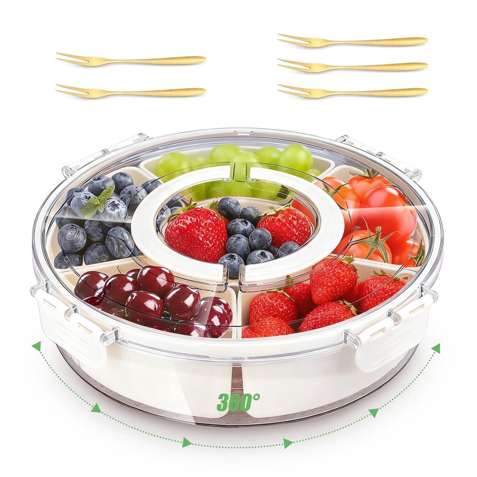 Divided Serving Tray with Lid and Handle, Portable Divided Snackle Box Container 6 Compartments and 5 Forks for Candy,Nuts,Fruits,Snacks and Veggie