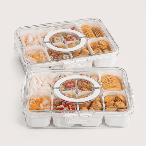 Divided Snack Serving Tray with Lid and Handle Travel Snackle Charcuterie Container Portable Storage Organizer for Candy, Fruits, Nuts, Snacks, Party, Picnic 2 Packs White