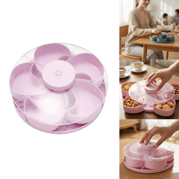 Divided Spin and Snack Containers, Multi-Compartment Rotating Snack Tray with Rotating Cover, 6 Compartment Rotating Tray Snack Box for Kitchen Party Travel and Picnic Pink