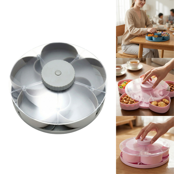 Divided Spin and Snack Containers, Multi-Compartment Rotating Snack Tray with Rotating Cover, 6 Compartment Rotating Tray Snack Box for Kitchen Party Travel and Picnic Gray