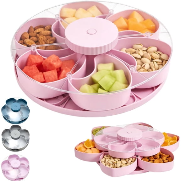 Divided Spin and Snack Containers, Multi-Compartment Rotating Snack Tray, Snack Box Snack Containers with Rotating Cover for Kitchen Party Travel and Picnic Pink