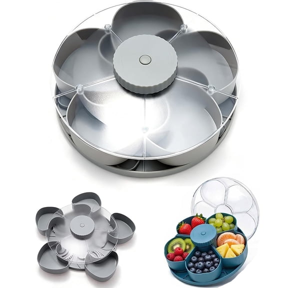 Divided Spin and Snack Serving Tray, 360 Rotating Lazy Susan Charcuterie Board with Lid, Multi-Compartment Food Organizer Design, Lazy Susan Serving Platter for Fruit, Nuts, Candy (Gray)