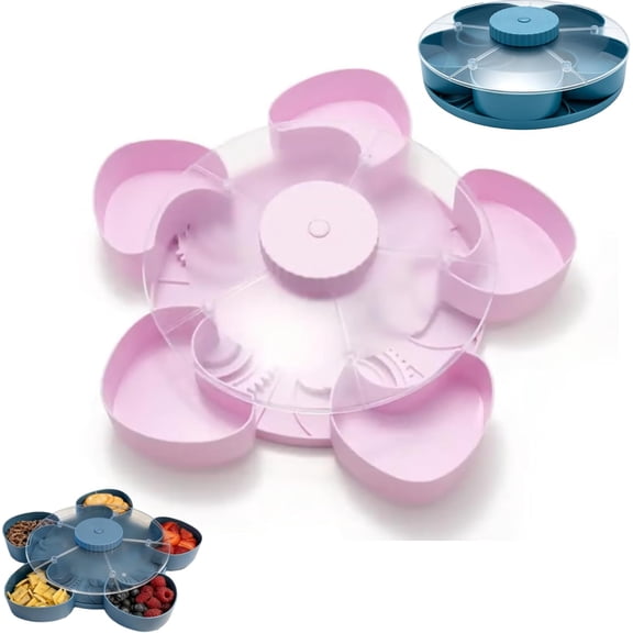 Divided Spin & Snack Serving Tray, 5-Compartment Rotating Party Platter, Spin-to-Open Multi-Compartment Food Organizer Snack Box Spinner, Covered Snack Storage for Chips Nuts Dips Veggies(Pink)