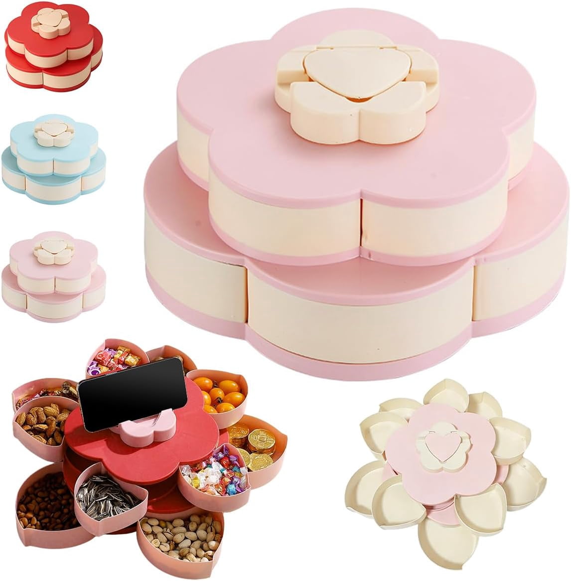 Divided Spin And Snack Serving Tray, Flower Shaped Rotating Snackle Box ...