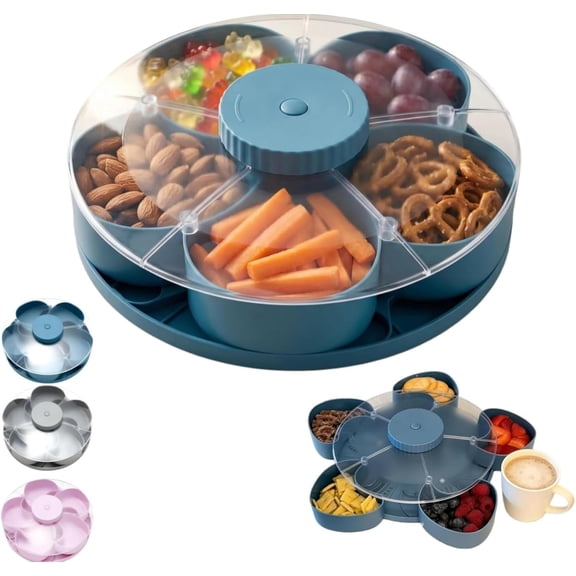Divided Spin and Snack Serving Tray, Multi-Compartment 6 Compartment Rotating Tray, Snack Box Snack Containers with Rotating Cover for Kitchen Party Travel and Picnic Blue