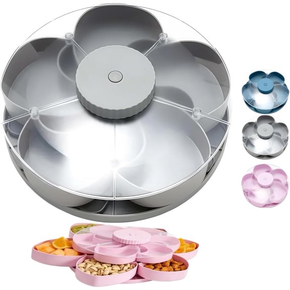 Divided Spin and Snack Serving Tray, Multi-Compartment Rotating Snack Tray Snack Box, Portable Snack Containers with Rotating Cover for Kitchen Party Travel and Picnic Gray