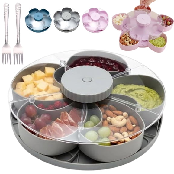 Divided Spin and Snack Serving Tray, Multi-Compartment Spinner Snack Container, Rotating Lazy Food Organizer with Lid, Portable Snack Charcuterie Board, for Kitchen, Picnic