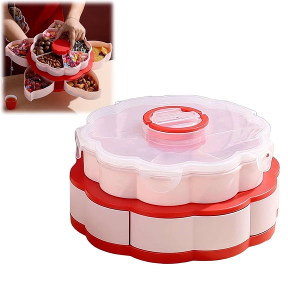 Divided Spin and Snack Serving Tray, New Divided Serving Tray That Spins,Rotating Snack Box Container with Lid,Multi-Compartment Food Organizer Design,Lazy Susan Organizer for Fruit,Nuts,Candy,Red