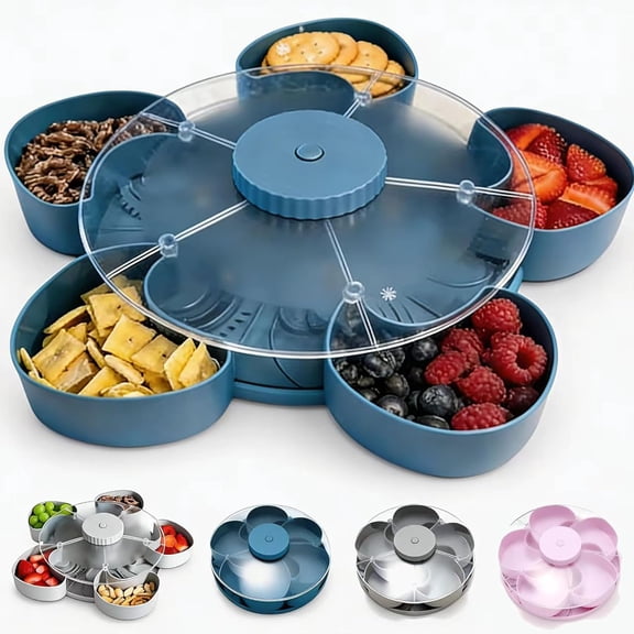 Divided Spin & Snack Serving Tray, Portable Travel Rotating Multi-Compartment Food Organizer with Lid, Party Platter for Chips, Veggies, Fruits, Dips, Nuts (Blue)
