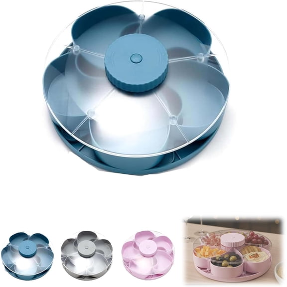 Divided Spin and Snack Serving Tray, Spin-to-Open Snack Tray, 5-Compartment Rotating Party Platter, Multi-Compartment Food Organizer Design, Portable Travel Snackle Box (Blue)