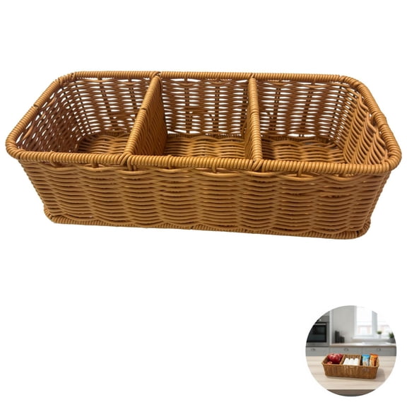Divided Plastic Rattan Storage Basket – Hand‑Woven Brown Organizer with 3 Compartments, Decorative Tabletop Tray for Snacks, Fruits, Picnic & Home, 13.8" x 5.9" x 3.9"
