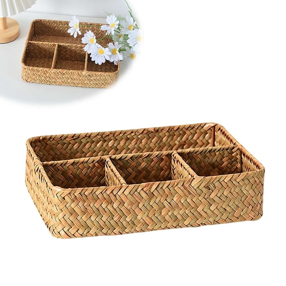 Divided Storage Basket with 4 Compartments, Woven Organizer for Desk Shelf Drawer