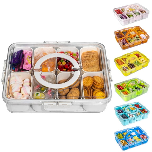 Divided Storage Container, 8 Compartment Snackle Box with Carry Handle, Portable Serving Tray for Charcuterie, Fruits, Nuts, Ideal for Travel, Picnics, Office Parties and Meals, White
