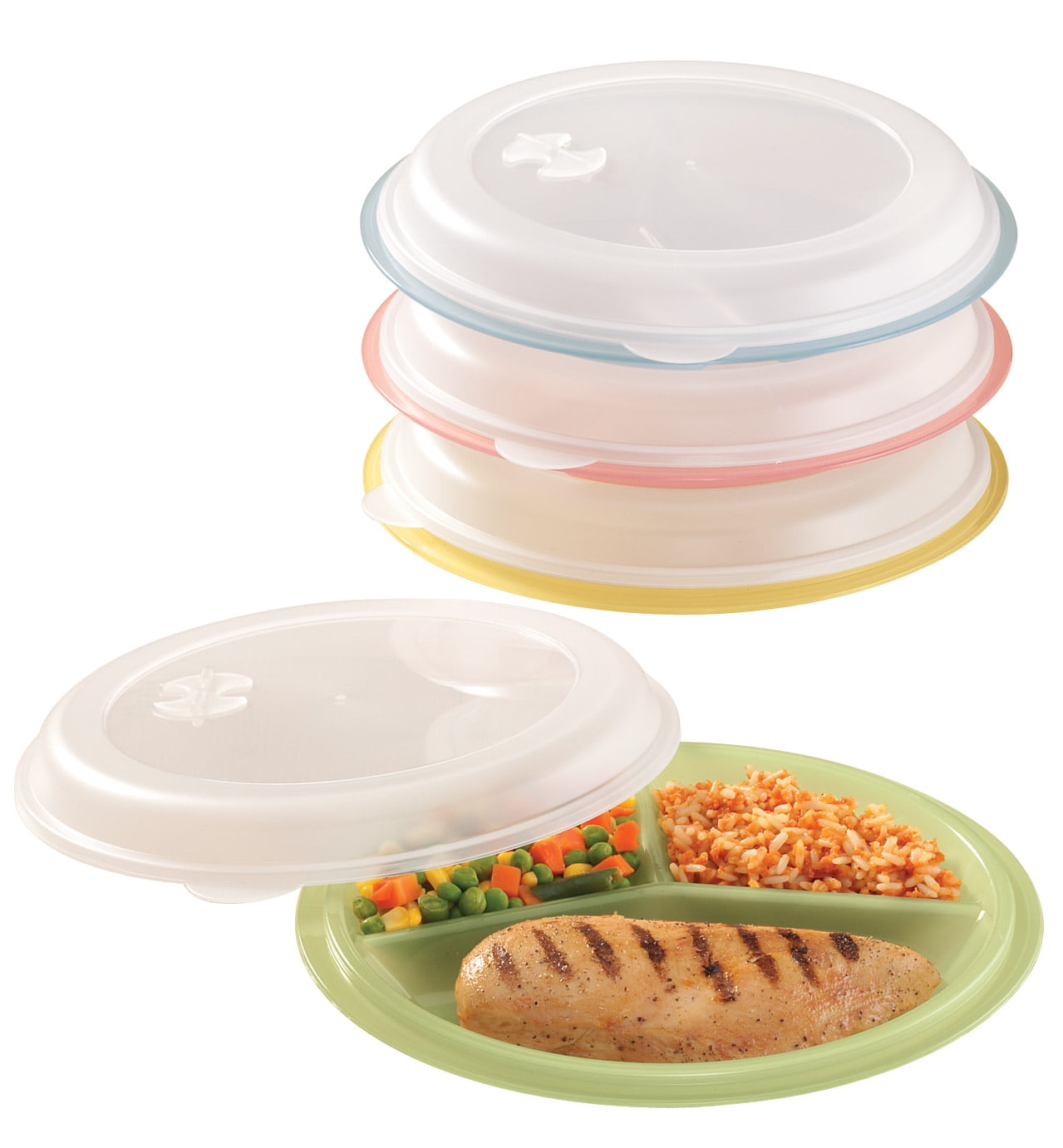 Set of 4 Click Home Design Microwave Divided Plate with Vented Lid (4  Colors) 