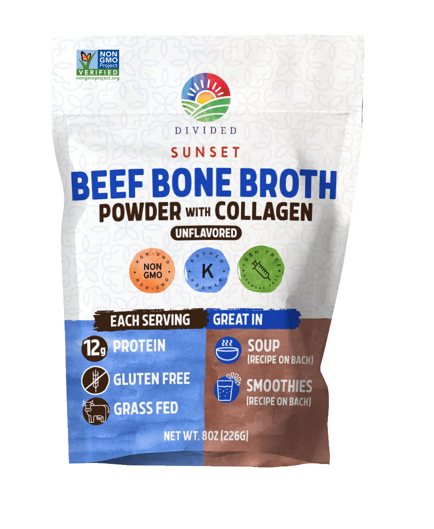 Divided Sunset Beef Bone Broth Powder with Collagen, 8 oz (226g