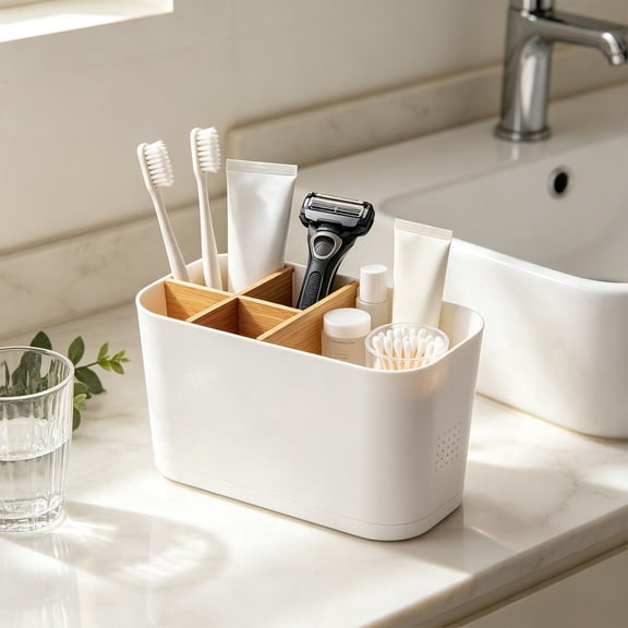 Divided Toothbrush Storage Box Detachable Compartment Organizer Plastic Bathroom Countertop Storage Container for Toiletries Cosmetics Stationery Jewelry Desk Organization